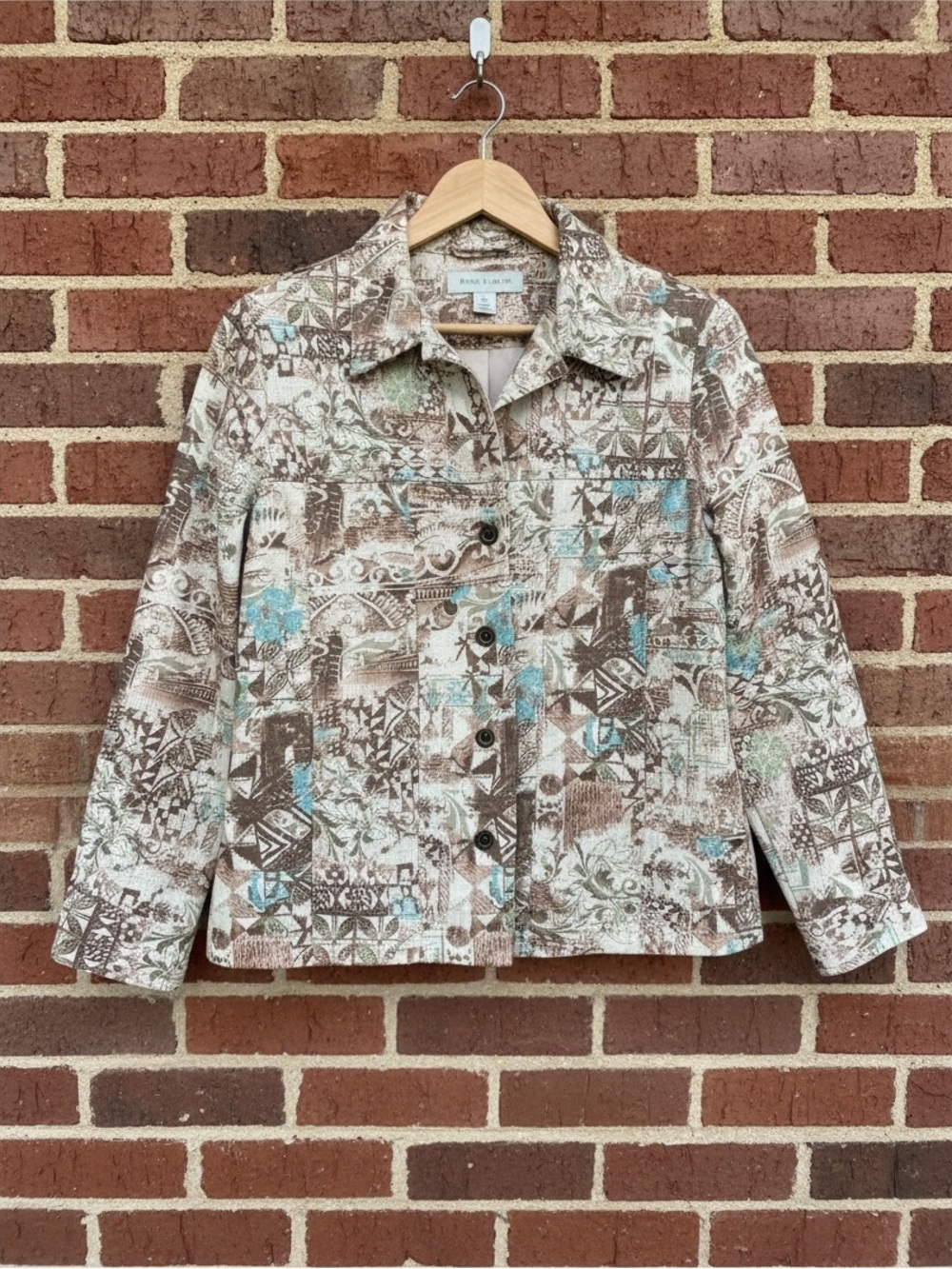 Alia Vintage Tan/Turquoise Abstract Patchwork Button Up Shirt Jacket 10P